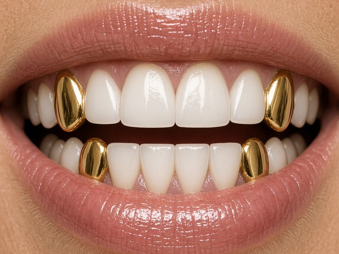 Removable gold cosmetic overlays fitted over the upper and lower canine teeth.
